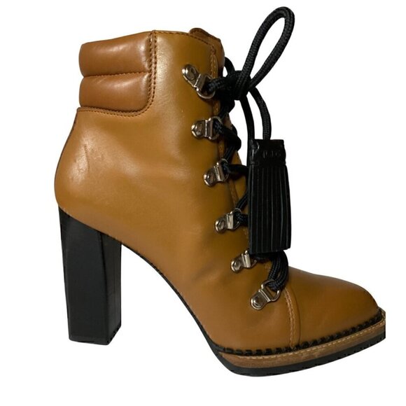 Tods Lace Up Tasseled Leather Ankle Boots 36.5 Brown Black Leather Laces 4" heel - Picture 4 of 16